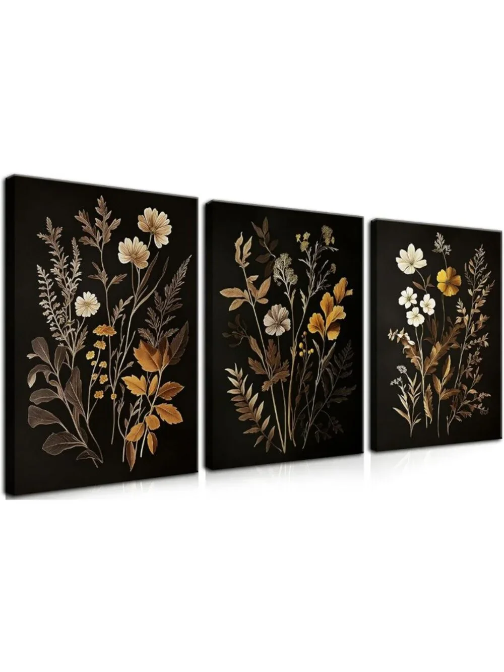 Vintage Black Floral Wall Art Set of 3, Botanical Canvas Prints for Home Decor